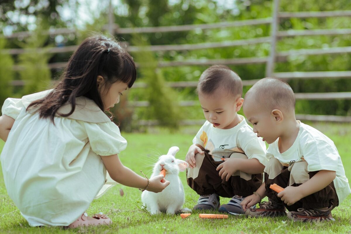 enfants avec lapin dans un jardin